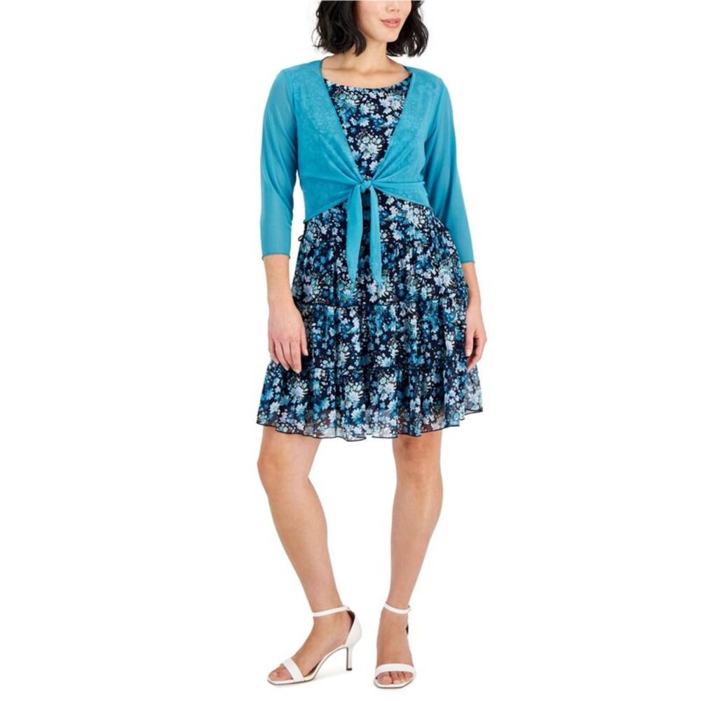Connected Apparel Womens 2 Piece Floral Sheath Dress, Blue, Petite, 8P, DM